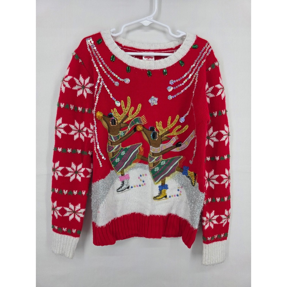 Holiday Time Girls Red Ugly Christmas Sweater Reindeer Sequin Size M 7-8